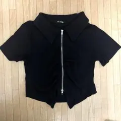 クロップド ポロ襟シャツ フロントジッパー ブラック