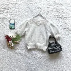 イング シャギーニット セーター 五分袖 パールリボン ふわふわ素材 フェミニン