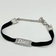 美品✨Dior ディオール　リボン ブレスレット　ロゴ　金具　シルバー　ブラック