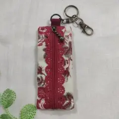 ハンドメイド マチ付きリップポーチ レースファスナー 花柄キーホルダー付き散歩⑦