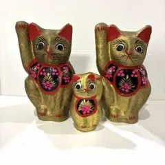 招き猫　張子　3体まとめ売り　金色　金運招き　商売繁盛　満願成就　縁起物　レトロ