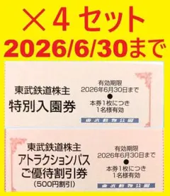 4セット来年6/30迄東武動物公園入園料無料券+アトラクションパス500円割引券