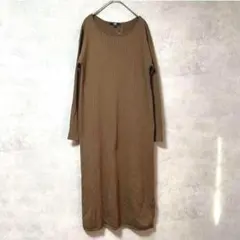 ユニクロ　ウール混　ニットワンピース　リブ　茶色　スリット　長袖　秋春　膝下