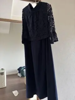ネイビー レース袖 パーティードレス マタニティ用