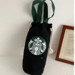 スタバ　ミニバッグ 黒 巾着袋 　 水筒 ペットボトルカバー ホルダー