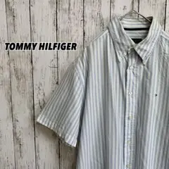 90sトミーヒルフィガー刺繍ロゴ半袖ビッグオーバーサイズストライプシャツUSA