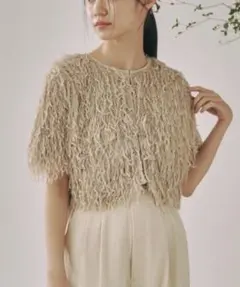 新品未使用【moi tytto】もしゃもしゃフリンジカーディガン（ベージュ）