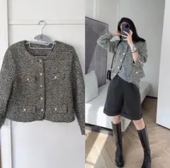 ノーカラージャケット ブラック・ホワイト ツイード