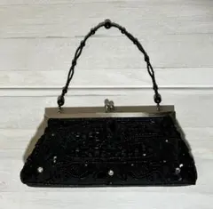 結婚式・パーティー 用 ビーズバッグ ブラック がま口 スマホ収納可 フォーマル