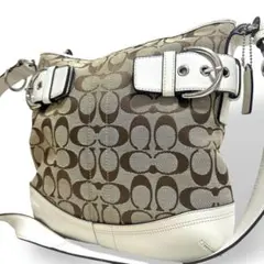 美品　コーチ　ショルダーバッグ　斜め掛け　シグネチャー　キャンバス　レザー