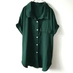 シーイン 無地 シャツ 開襟 半袖 2XL ゆったり ドロップショルダー 緑のサムネイル