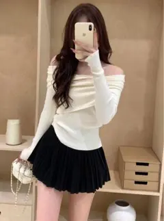 オフショルダー リブ編み ニット 長袖 アイボリー