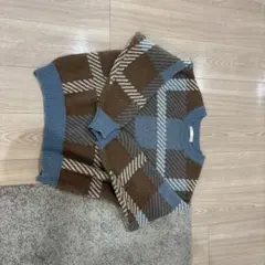 み*様 チェック柄ニットセーター 長袖 ブラウン・ブルー系