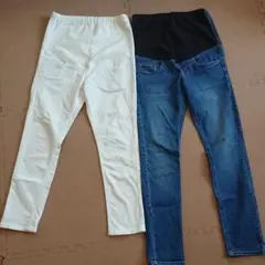 無印マタニティパンツ デニム ホワイト&ブルー 2枚セット