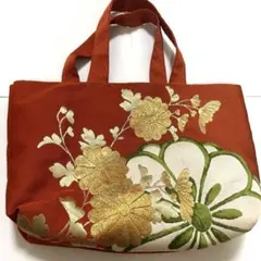 着物　帯バック　トートバッグ　和装　はぎれ　ハンドメイド　リメイク品　オレンジ