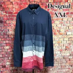 美品☆Desigual 長袖シャツ　メンズ　バック刺繍　ボーダー　ネイビーXXL