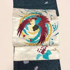 626◆アンティーク名古屋帯　白正絹総織柄　鳳凰の刺繍が美しく華やか大正ロマン♪