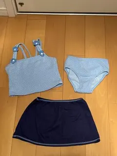 水玉模様 水着3点セット (水色・ネイビー)