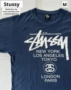 ステューシー ワールドツアーTee 前後プリント 割れ有 フェードネイビー M
