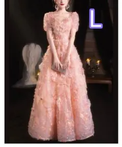 ピンク フラワー刺繍 ロングドレス　パーティードレス　二次会　イブニングドレスL