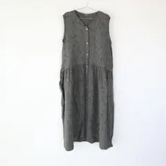USED 古着 草木 花柄 コットン リネン シャーリング ボタン ワンピース