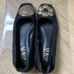 ZARA ブラック フラットシューズ アシンメトリー2WAY スクエアトゥメタル