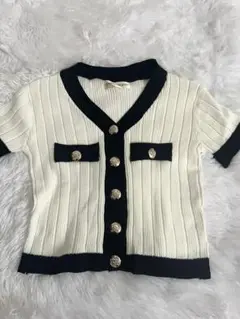 アイボリー・ネイビー ストライプ ニット半袖