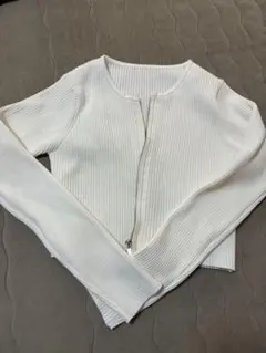 ホワイトリブ編み長袖カーディガン M