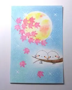 シマエナガ　紅葉　パステル画　手描き