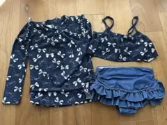 リボン柄ネイビー長袖ラッシュガード ビキニ3点セット140cm