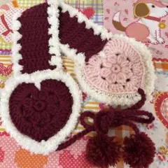 手編み　イヤーマフラー　ハート型　ハンドメイド