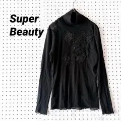 Super Beauty シアー ハイネックカットソー 花モチーフ 黒（40）のサムネイル