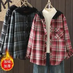レトロ 厚手 コントラスト カラー フード付き チェック シャツ アウター