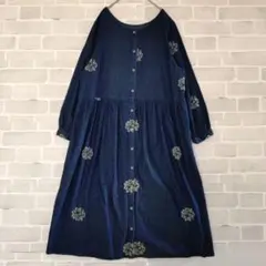 花柄刺繍 デニムシャツワンピース ゆったり