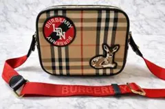 美品　バーバリー ヴィンテージチェック カメラバッグ バンビ レッドストラップ