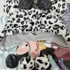 ミニー ファンキャップ ヒョウ柄 ホワイト帽子 ラメリボン付き新品未使用