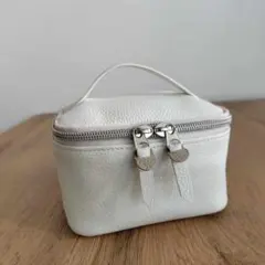 パ*リ様 ハンドメイド/ホワイト本革/バニティ化粧ポーチ/ミラー付き