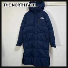 【ノースフェイス】ロングダウンコート　ネイビー刺繍　ベンチコート　袖ロゴ　４K