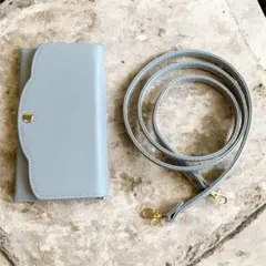 多機種対応 高見え 手帳型スマホケース 新品 ブルー ショルダーストラップ付