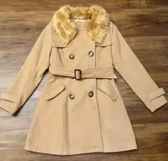 2way ダブルブレストコート フェイクファー襟付き キャメル Sサイズ