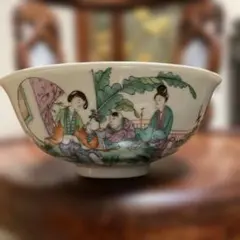 中国骨董　清時代　「大清乾隆倣古」在銘　粉彩闘彩　闘鶏図詩文杯(F-14) 中国骨董 清時代 「大清乾隆倣古」在銘 粉彩闘彩 闘鶏図詩文杯(F-14