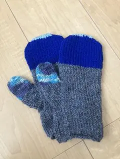 ハンドメイド ニットミトン グレー 青