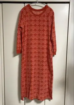 オレンジ色 円形模様 ロングワンピース 部屋着 パジャマ