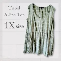 ノースリーブ チュニック タイダイ柄 グリーン系 1X 体型カバー