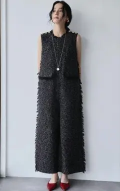 ELFRANK　ツイード フリンジ オールインワン　グレーブラック