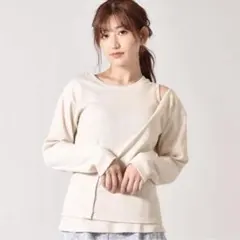 RETRO GIRL アシメ リブトップス 肩あき レイヤード風 ベージュ