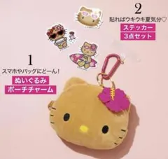 日焼けハローキティ ぬいぐるみポーチ＆ステッカー3枚セット