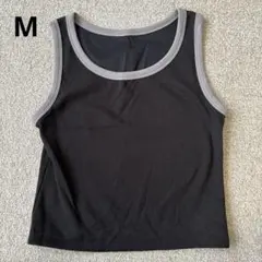GU レディース　コットンブレンドクロップドバイカラータンクトップ　M 黒のサムネイル