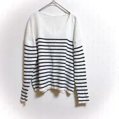 COLZA ボーダー リブニット Vネック 長袖 白黒 伸縮性 春秋 美品