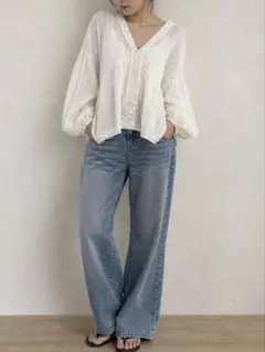 ZARA ザラ　コントラストレース付き　ブラウス　バルンスリーブ　綿100